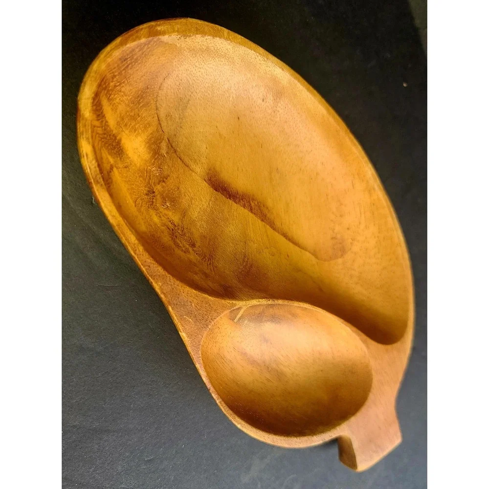 Vintage Hand Carved Monkey Pod Wood Divided Serving Tray Philippines Acacia Leaf